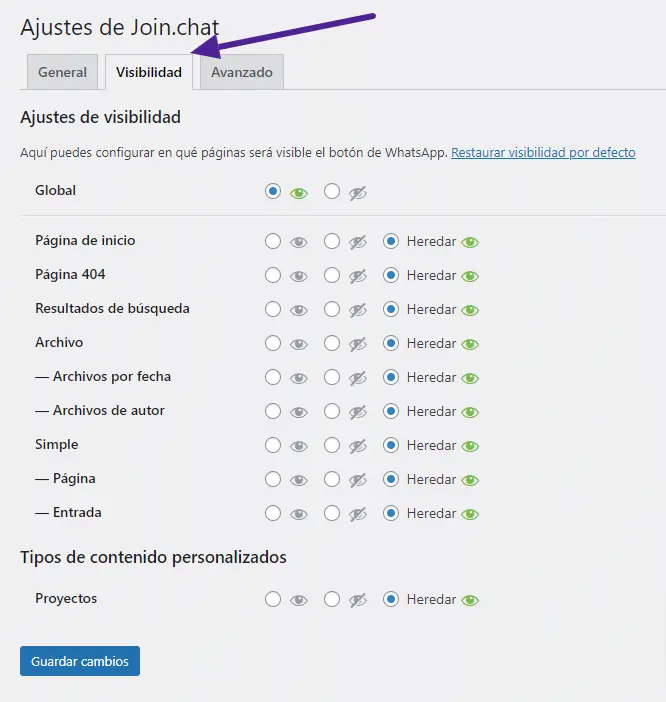 Ajustes visibilidad plugin