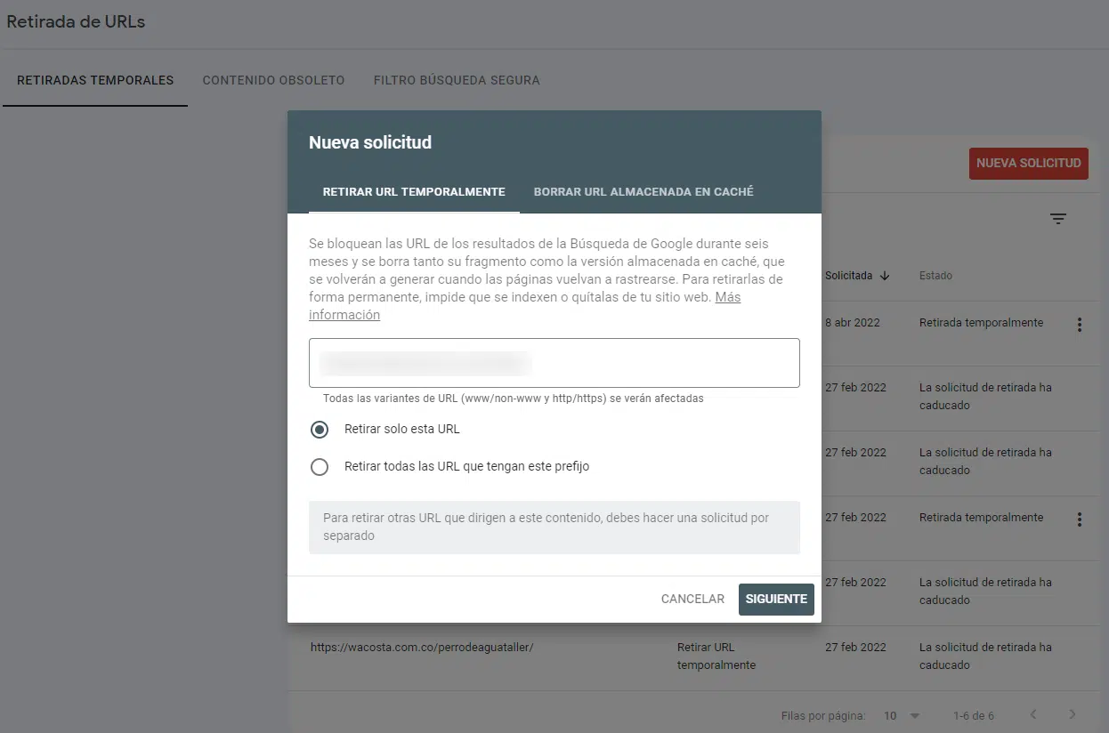 Retirar url de search console