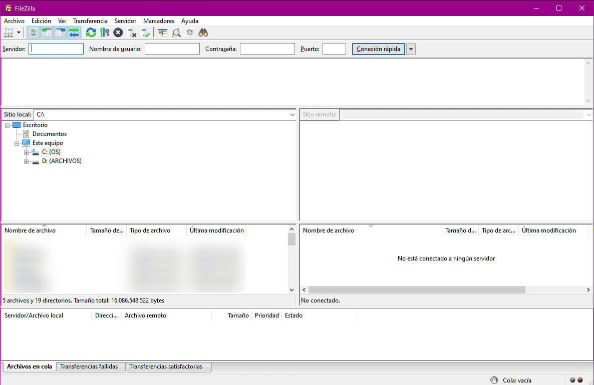 Interfaz filezilla